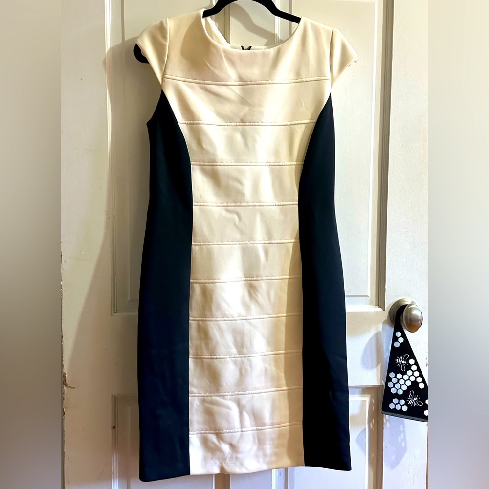 Black and cream fitted dress with gold back zipper